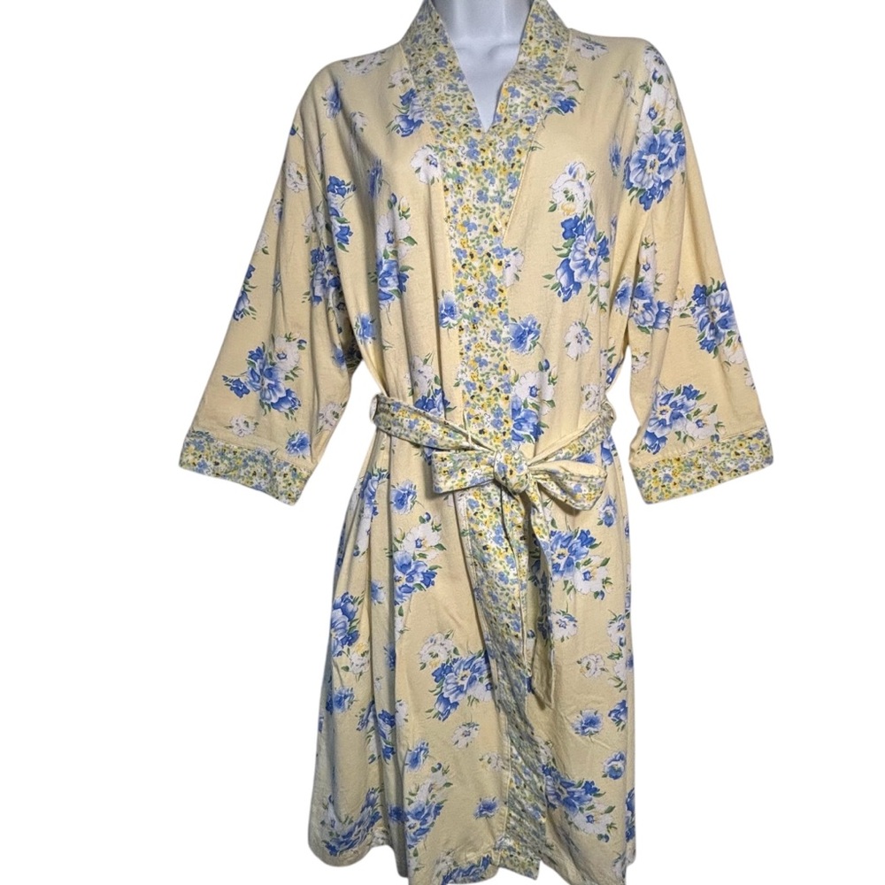 CAROLE HOCKMAN heavenly soft sleepwear floral Cotton LG yellow & blue Wrap robe